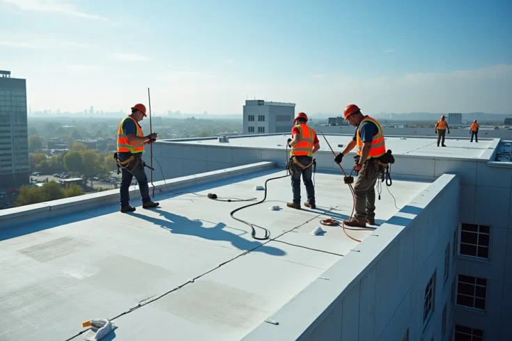 commercial roofing professionals repairing durable roof for business property