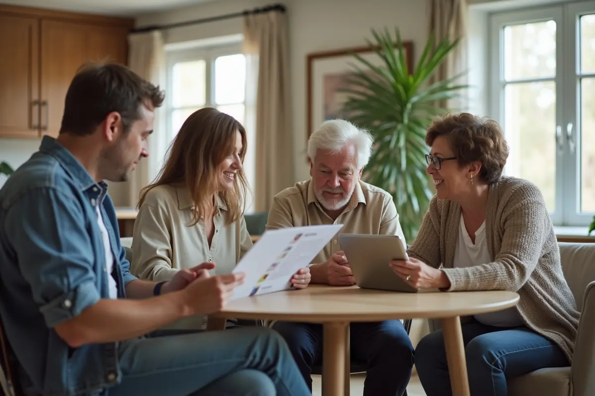 Family comparing assisted living options together in bright living room